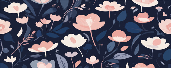 A seamless pattern in vector format featuring abstract elements and smooth transitions. Use a sophisticated color palette with shades of deep navy blue, blush pink, and ivory.