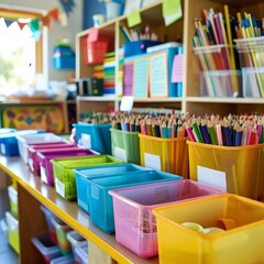 Teacher organizing classroom materials and labeling supplies, neat educational environment with clear labels and bins, copy space