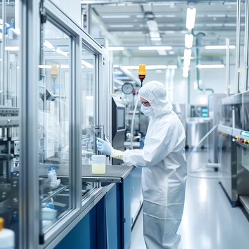Technician cleaning and maintaining machinery in a bright factory, well-lit area with polished equipment, isolated white background