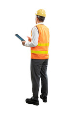 Asian engineer or technician with tablet full length isolated