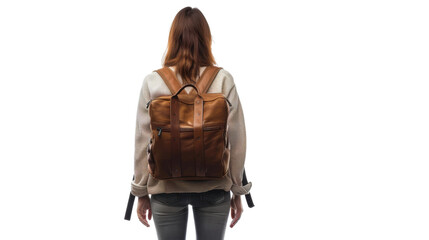 Fototapeta premium Woman with travel bag backpack, back view isolated on transparent background
