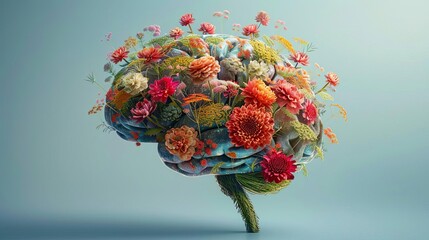 Mindset, A brain shaped like a garden with blooming flowers, representing a positive and growthoriented mindset