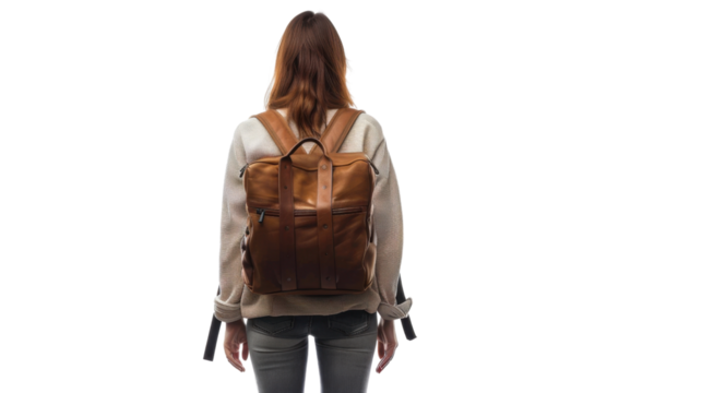 Woman with travel bag backpack, back view isolated on transparent background