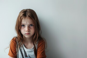 Fototapeta premium Serious Freckled Girl with Intense Expression and Brown Hair Indoors