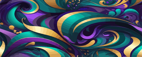 A seamless pattern in vector format that features abstract shapes and smooth transitions. Use an elegant color palette with shades of royal purple, emerald, green, and gold.