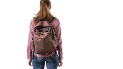 Woman with travel bag backpack, back view isolated on transparent background
