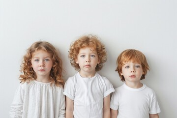 Three children with curly hair standing in a row against a white wall