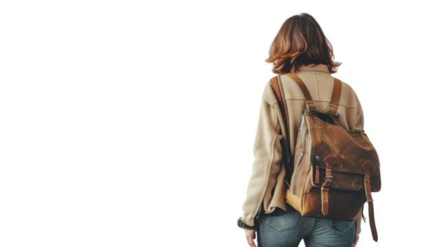 Woman with travel bag backpack, back view isolated on transparent background