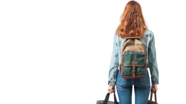 Woman with travel bag backpack, back view isolated on transparent background