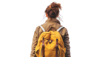 Woman with travel bag backpack, back view isolated on transparent background