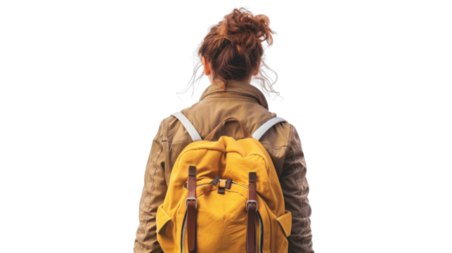 Woman with travel bag backpack, back view isolated on transparent background