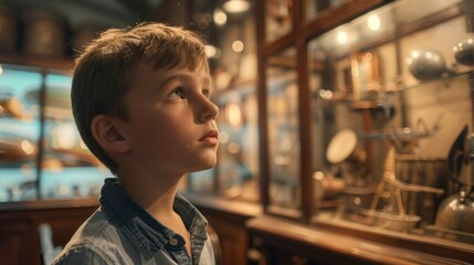 Young boy exploring a historical museum, captivated by artifacts and exhibits that transport him back in time, sparking his interest in history. 