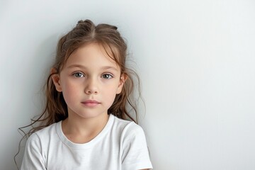 Innocent Girl with Long Hair and White Shirt Looking Thoughtful Indoors