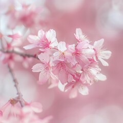 Obraz premium Cherry blossom in full bloom, soft pink hues, natural light, close-up, delicate and serene