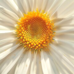 Daisy center with petals radiating, bright sunlight, detailed pollen, close-up, cheerful and detailed
