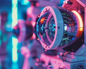 Doctor at an optical clinic with a futuristic ophthalmoscope, hightech, bright colors, detailed, digital rendering