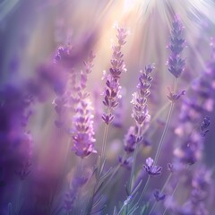 Fototapeta premium Lavender blossoms, soft focus, sunlight filtering through, close-up, delicate and aromatic