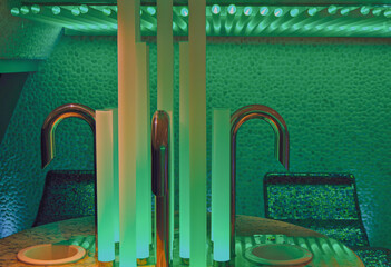 Thermal suite with heated loungers in mosaic tile design or relaxation chairs in spa or wellness...