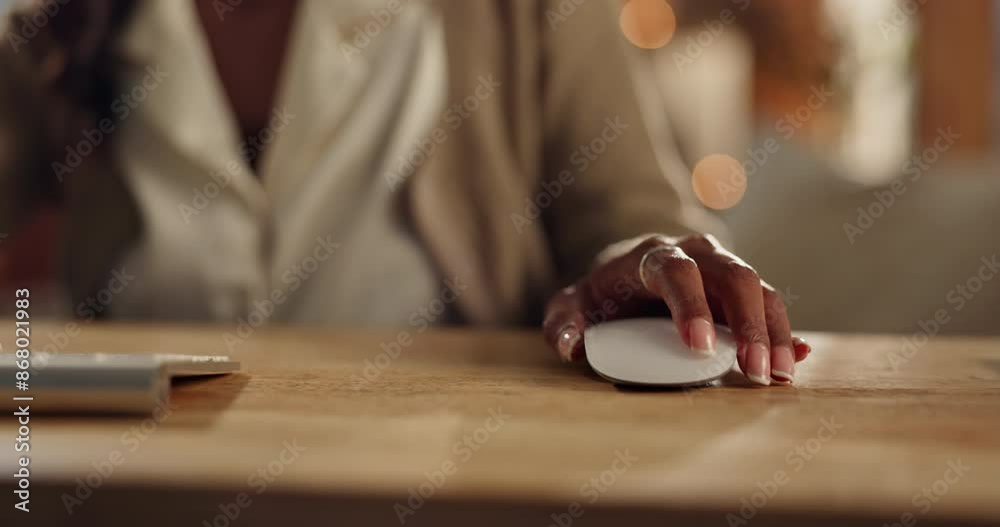 Poster table, click and hand of woman with mouse for internet, company research and website on computer. co