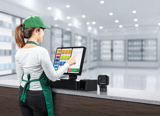 Active asian seller wear green uniform smiling with point of sale terminal or cashier desk