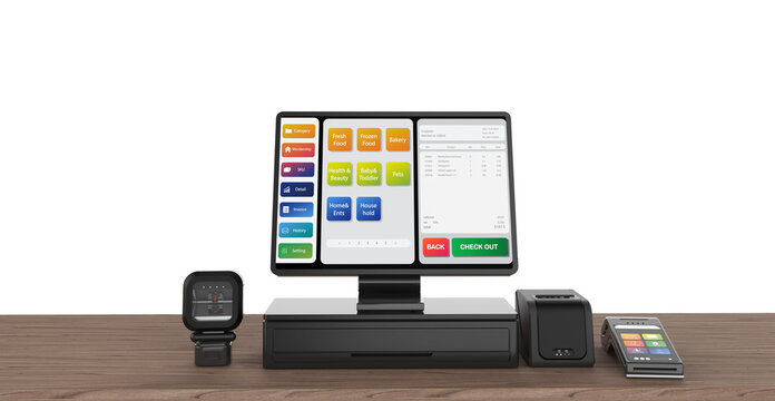 Point of sale system or cash register machine on desk