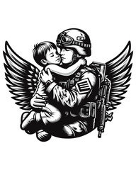 Soldier angel hug kid