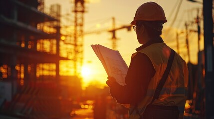 Business engineers in silhouette, searching for blueprints through blurry construction sites at sunset.