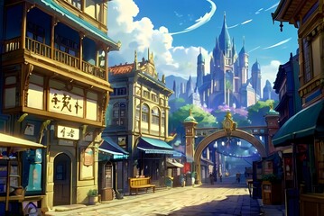 ゲーム背景　ファンタジーゲーム石畳の道がある街の入り口	