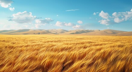 Obraz premium Expansive Golden Wheat Field Under a Blue Sky With White Clouds in a Rural Landscape