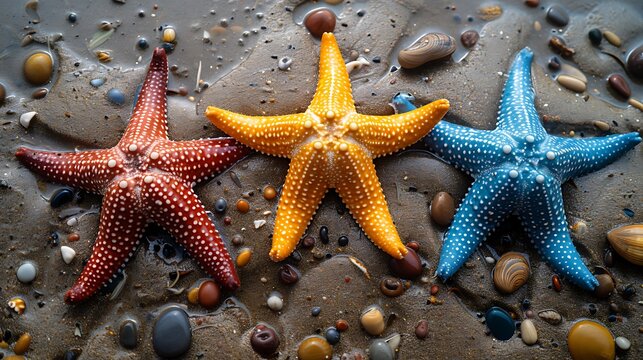 Colorful starfish placed on a rocky surface in a triangular arrangement, one on each side.

