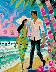 Fototapeta premium Woman and man walking together on a colorful tropical beach.