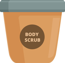 Plastic jar with a brown label containing body scrub is shown, promoting cleanliness and skincare