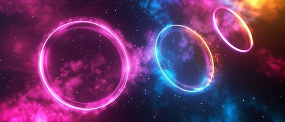Obraz premium Three vibrant neon rings floating in a cosmic space, The rings emit a soft glow, illuminating the surrounding nebulae in hues of pink, blue, and orange. 