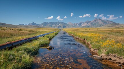 Industrial Pipeline Crossing Small Stream with Majestic Mountain View in Background