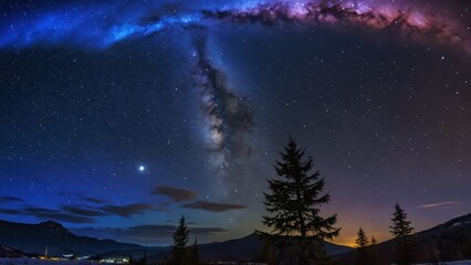 Naklejka premium Milky Way over Mountains and Trees.