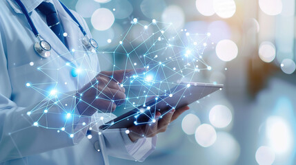 Doctors in the context of medical network connectivity technology, the concept of a digital future and hospital data systems hold small tablets
