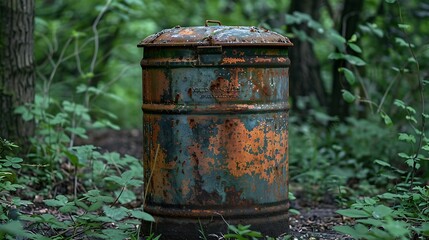 Fototapeta premium An old rusted metal barrel sits in the middle of a lush green forest.