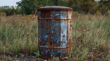 Fototapeta premium The image shows a rusted metal barrel in a grassy field with trees in the background.