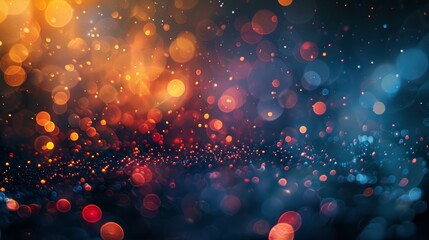 Abstract colorful bokeh lights background with a dark blue, red and orange gradient. Photo ideal for festive, holiday or celebration designs.