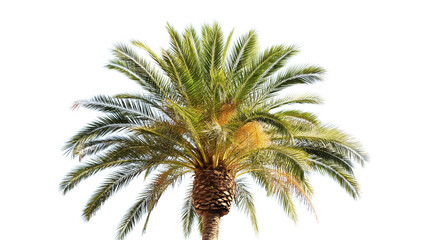 Palm tree against blue sky in summer Los Angeles California. Big crooked brown and green palmtree cloudless day isolated on a transparent background
