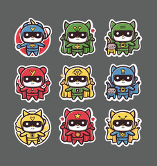 Kawaii superheroes printable stickers clipart vector illustration set