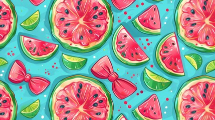 Fototapeta premium Watermelon and lime slices with pink bows on a blue background.