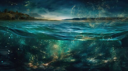 Naklejka premium Beautiful landscape with moon, star, river, sky and trees fantasy background generated AI