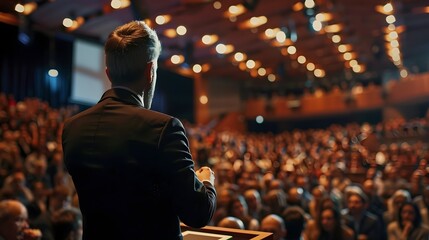 Speaker Delivering Presentation to Crowded Conference Auditorium
