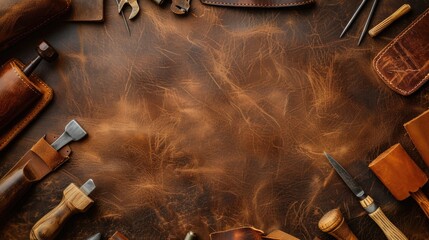 Diverse leather crafting tool sets on real leather with space for text