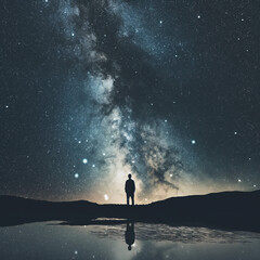 Fototapeta premium silhouette of a person standing with galaxy