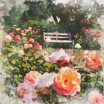 A lush rose garden in full bloom, showcasing a variety of colorful roses with a vintage garden bench in the background, perfect for romantic and garden themes, watercolor style