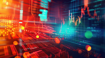 A digital illustration of stock market charts and graphs with glowing lines