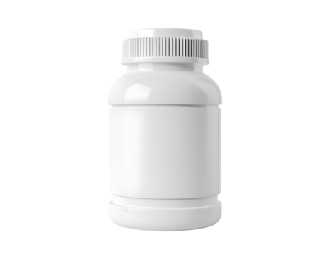 White plastic pill bottle isolated on white background, blank label for branding and mockup, medicine container.