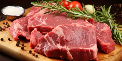 Fototapeta premium Raw Steak with Rosemary and Spices on a Wooden Board
